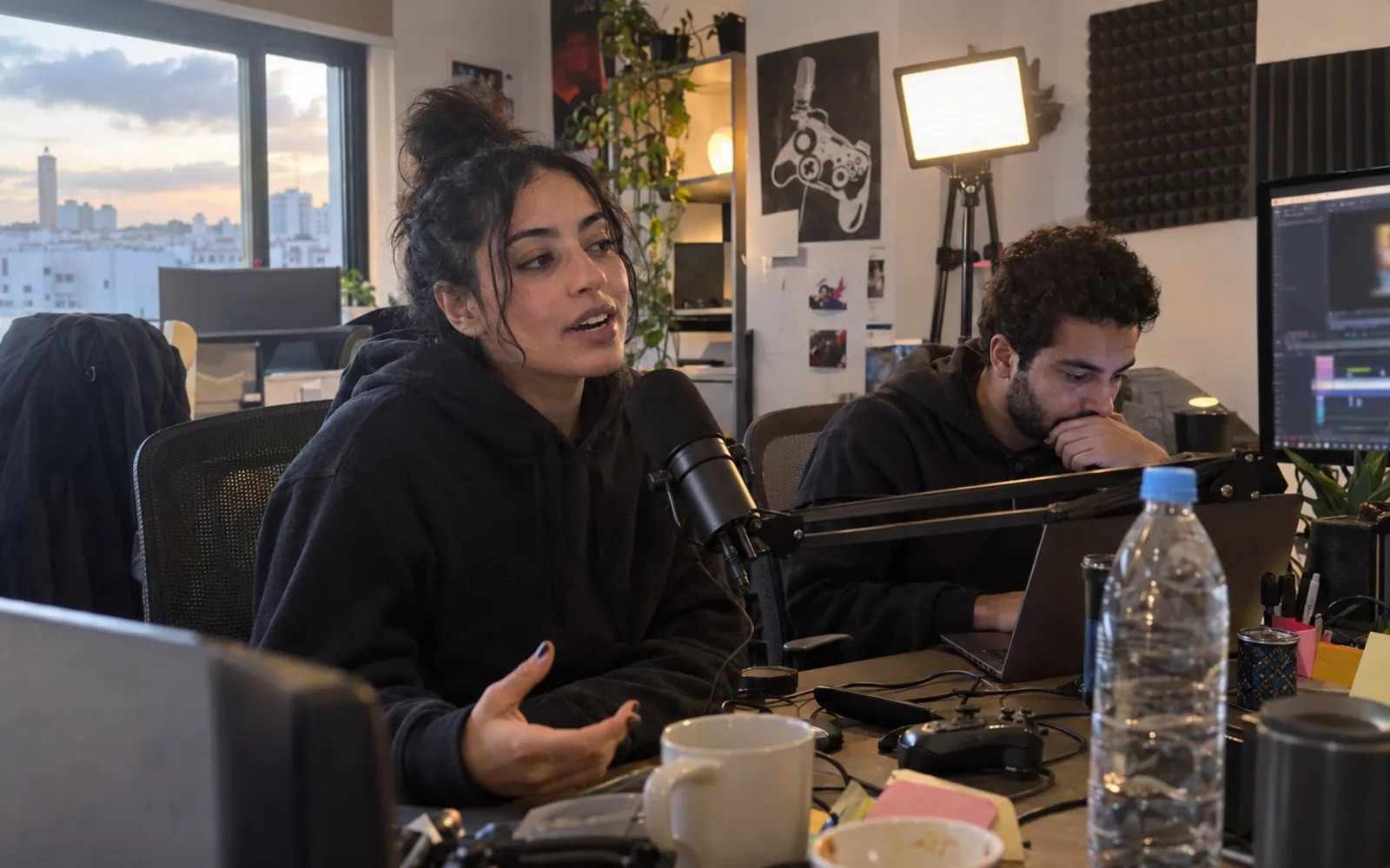 Une créatrice de contenu enregistre un podcast gaming dans un studio d’agence à Casablanca, pendant qu’un collègue monte la vidéo