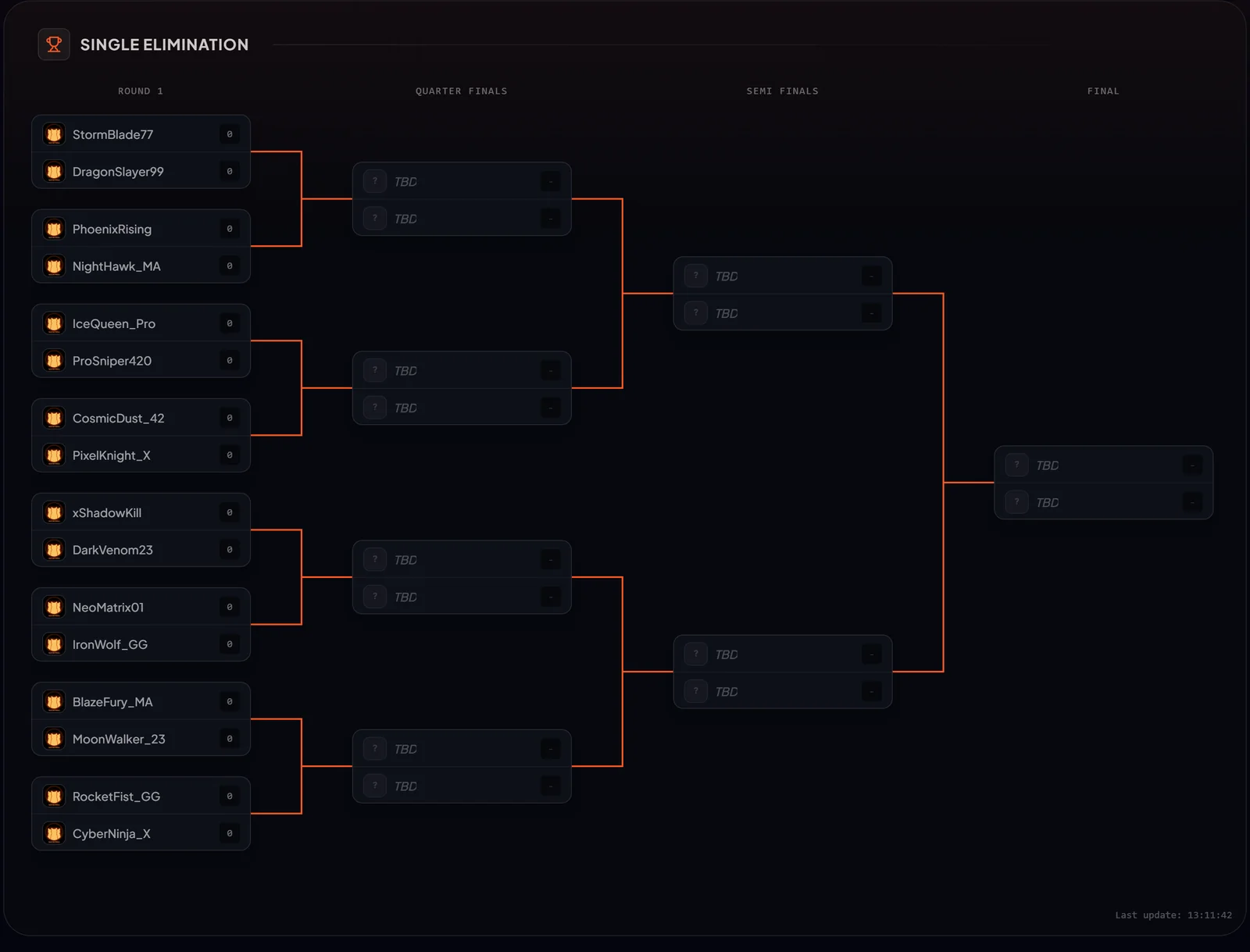 Capture réelle de la plateforme Gamius : arbre d’un tournoi à élimination directe, 16 joueurs