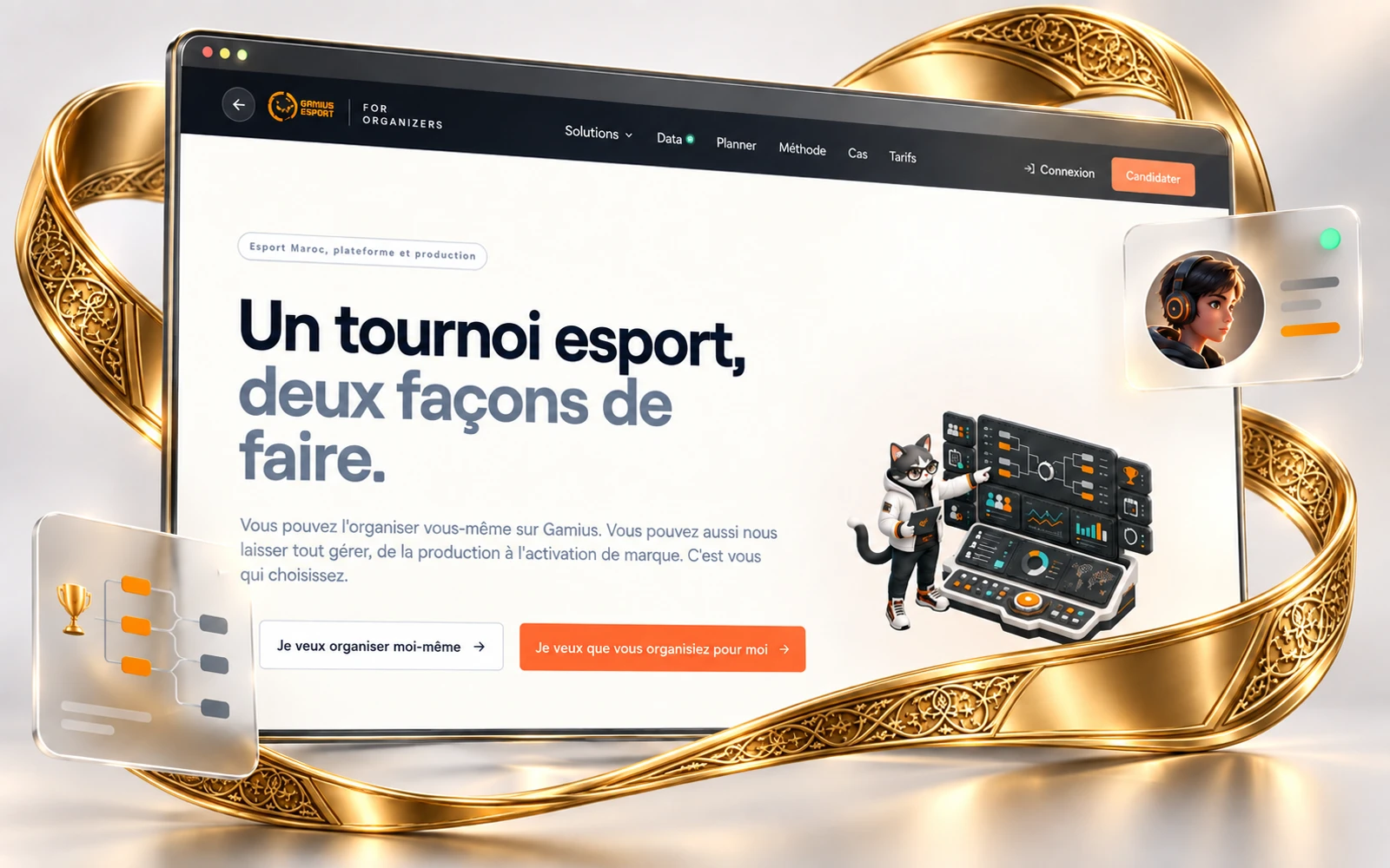 Gamius Pro dans un grand écran flottant entouré d’un ruban d’or gravé